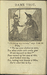 Dame Trot holding the hand of a cat standing on two legs and wearing clothes