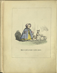 Dame Trot with a cat standing on two legs and holding food
