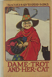 Dame Trot and her cat standing outside