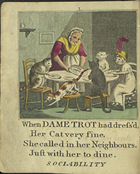 Dame Trot at a table with 5 cats, one of which wears clothes