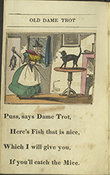 Dame Trot holds some fish near her cat