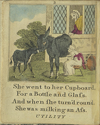 Dame Trot watches her cat milk a donkey