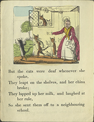Dame Trot surrounded by cats, many of which are holding books