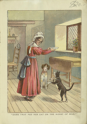 Dame Trot holding a saucer of milk over the cat