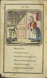 Dame Trot holds an empty plate in front of her cat