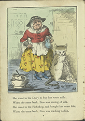 Dame Trot holding milk while her cat is sewing