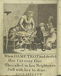 Dame Trot at a table with 5 cats, one of which is dressed up