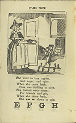 Dame Trot holding out food to her cat, which is fiddling to dancing mice