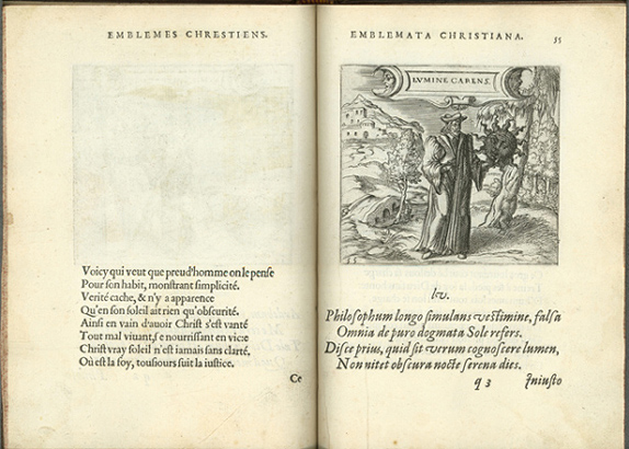 Emblematum christianorum centuria, cum eorundem latina interpretatione = Cent emblemes chrestiens.