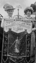 Antoinette Funk (at left) participating in a suffrage demonstration, Chicago, June 1914.  C.C. Catt Albums, Bryn Mawr College Library