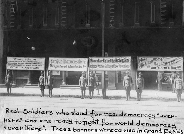 photo of demonstration - soldiers supporting women's suffrage