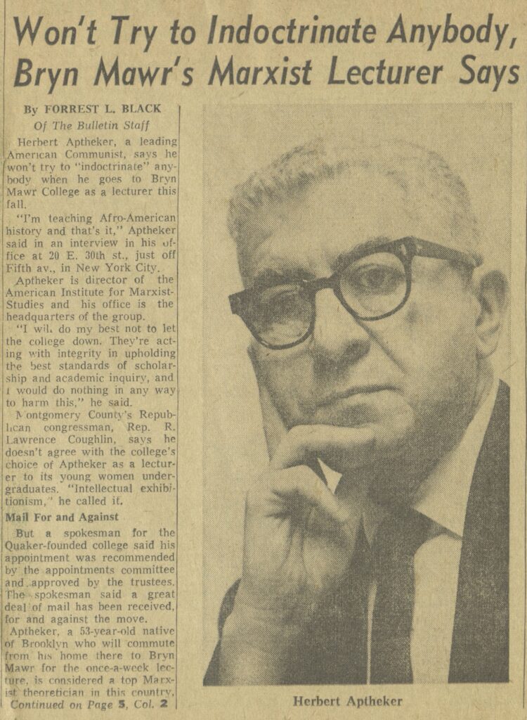 Newspaper article with photograph of Herbert Aptheker, a white-haired white man with horn-rimmed glasses
