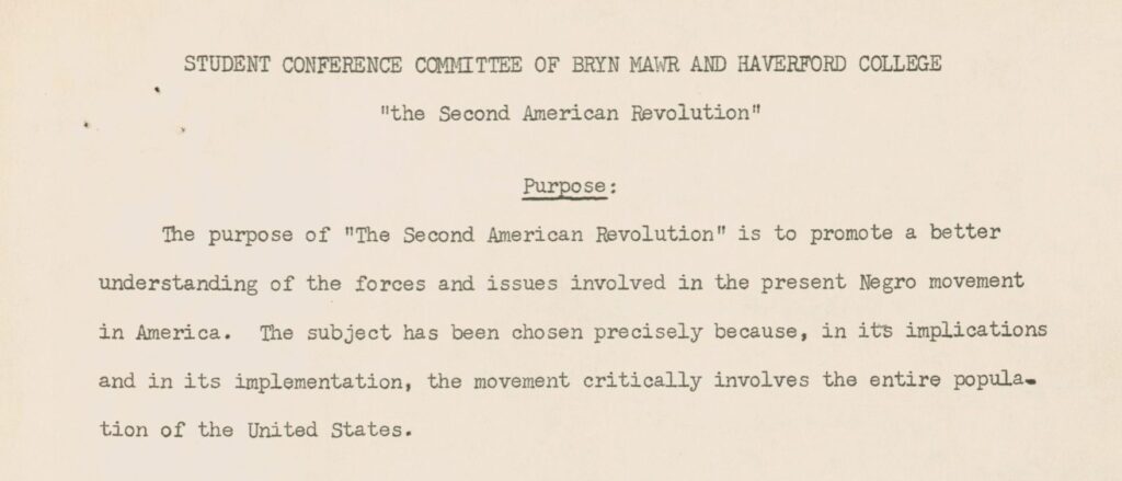 Letter from Student Conference Committee of Bryn Mawr and Haverford Colleges entitled Purpose—"the Second American Revolution"
