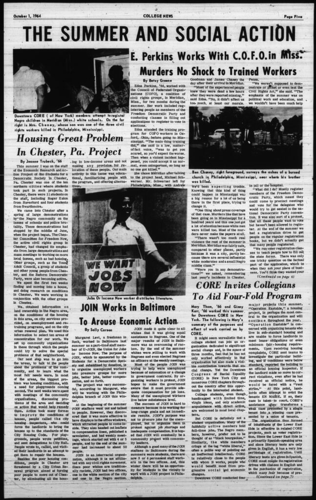 "The Summer and Social Action," College News (October 1, 1964) p. 5. Bryn Mawr Special Collections.